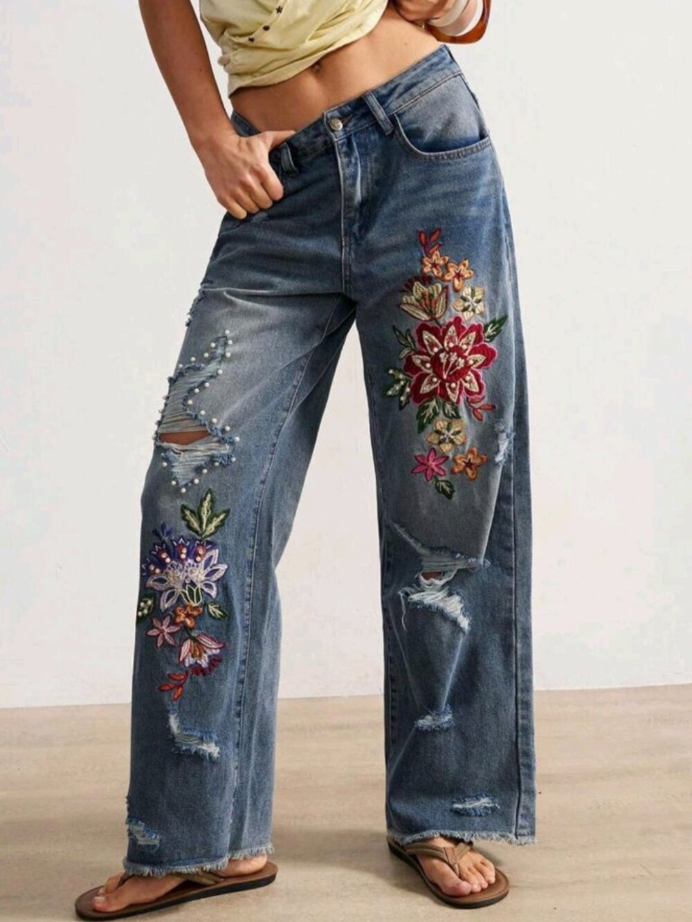 Countryside Vacation Style Casual Woven Embroidered Beaded Loose Women Jeans